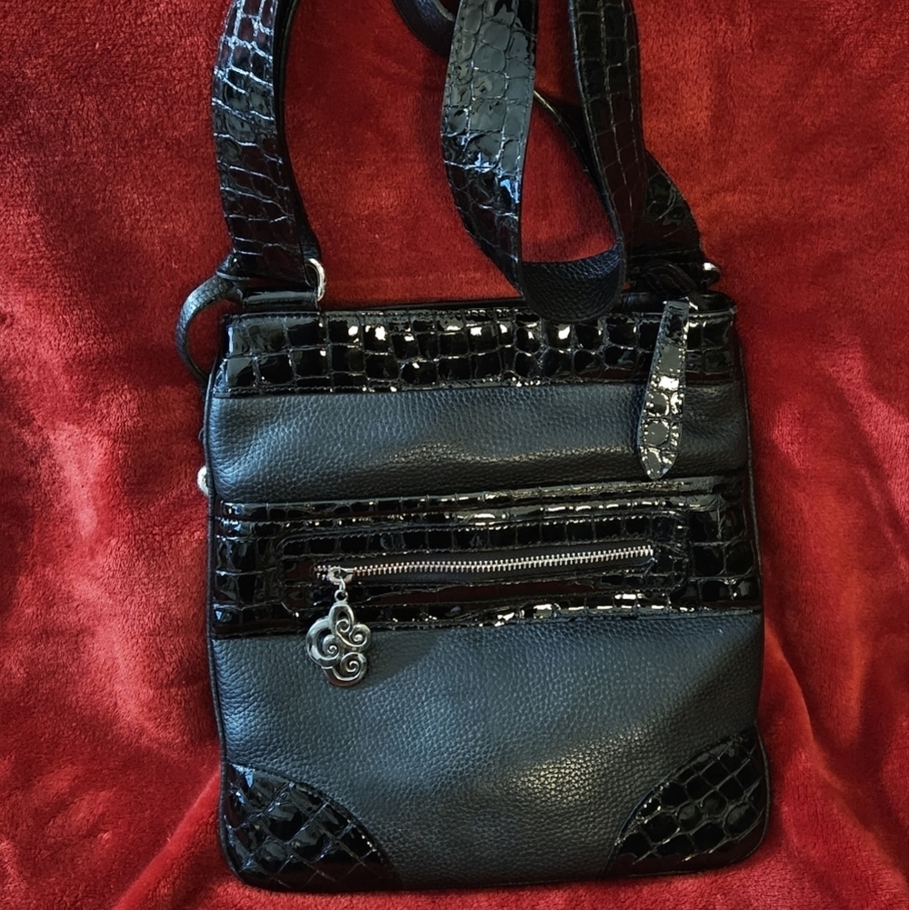 Brighton Black Leather with Croc Patent Accents & Trim Crossbody & Shoulder Bag